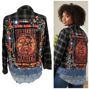 Upcycled Flannel Shirt Shacket Womens 3XL Animal Muppet Band T Grunge Patchwork